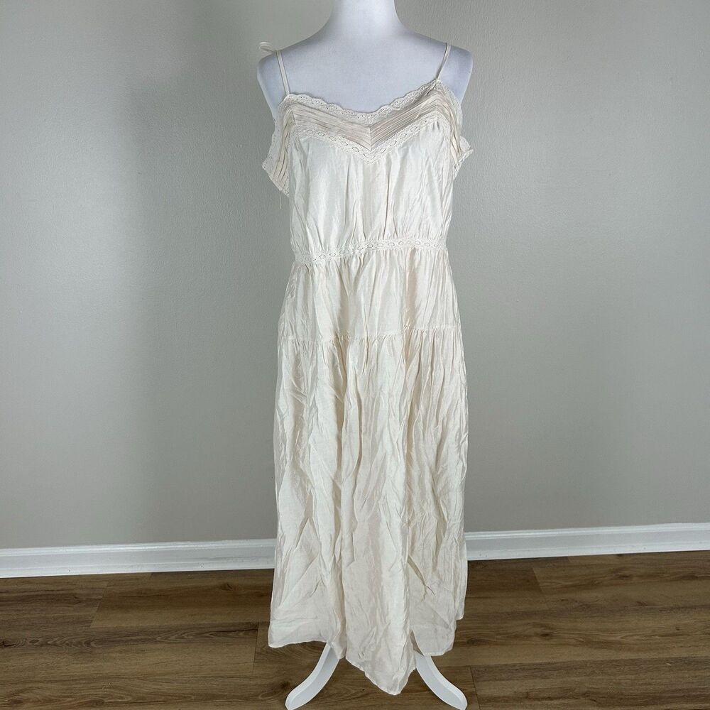 Size L Satin Cottagecore Cream Dress Midi Tiered Lace Trim Coquette Bow Tie